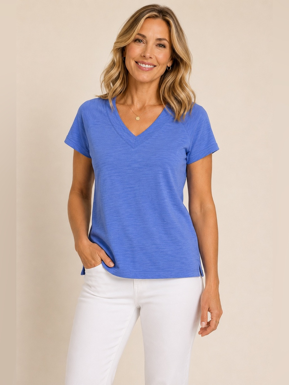 T by Talbots Blue Cotton Slub V-Neck Short Sleeve Top Women’s MP Petite